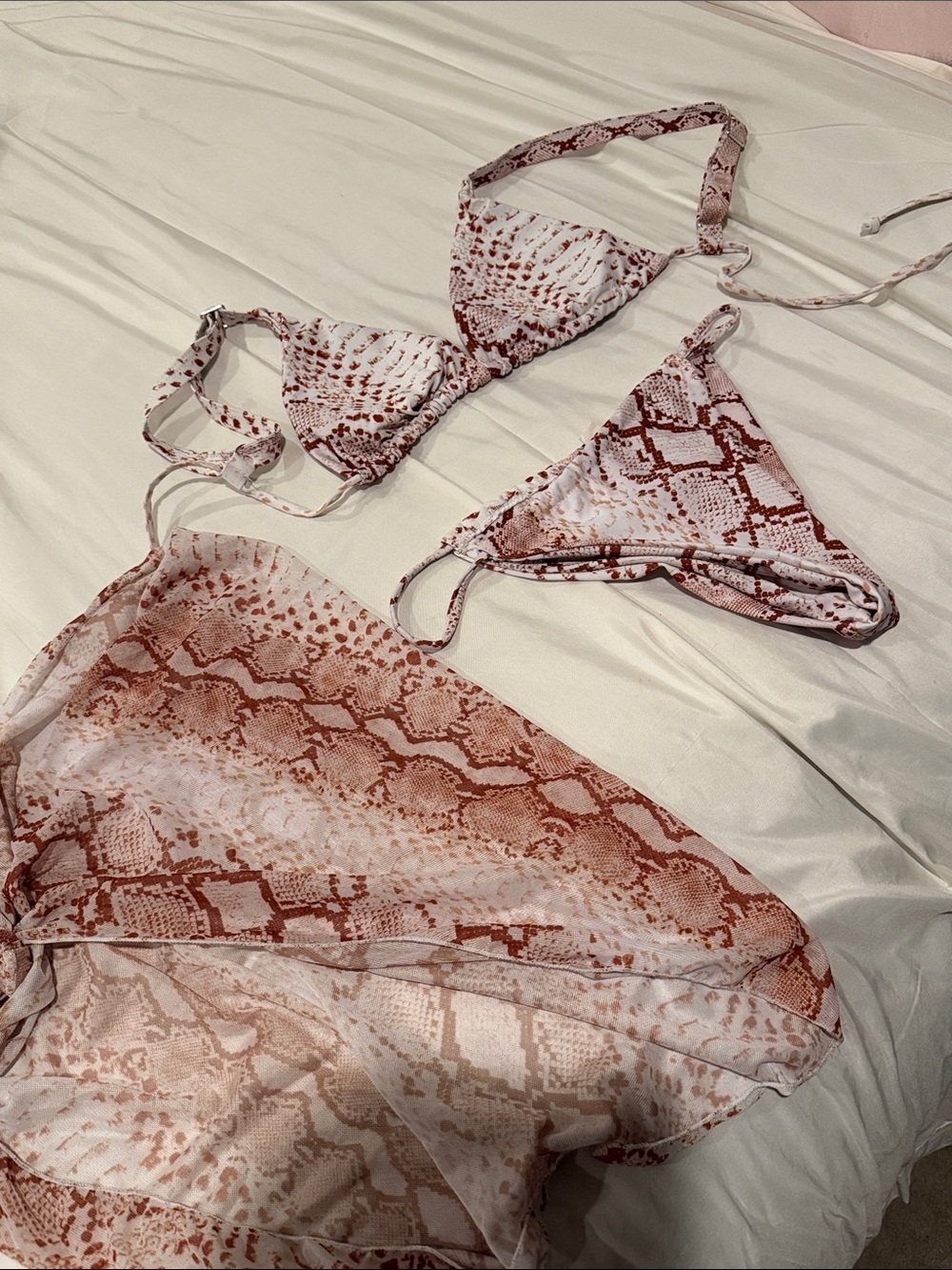 Rust Snake-Print Triangle Bikini Set with Cover-Up - Picture 1 of 1